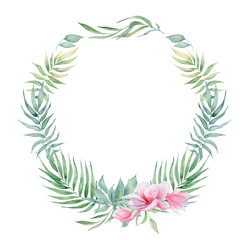 Fototapeta na wymiar Tropical watercolor flowers and leaves. Exotic wreath isolated on white background. 