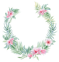 Tropical watercolor flowers and leaves. Exotic wreath isolated on white background. 