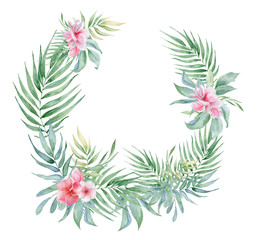 Tropical watercolor flowers and leaves. Exotic wreath isolated on white background. 
