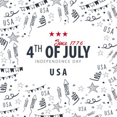 4th of July. USA independence day celebration banner. Hand draw doodle background. Vector illustration.