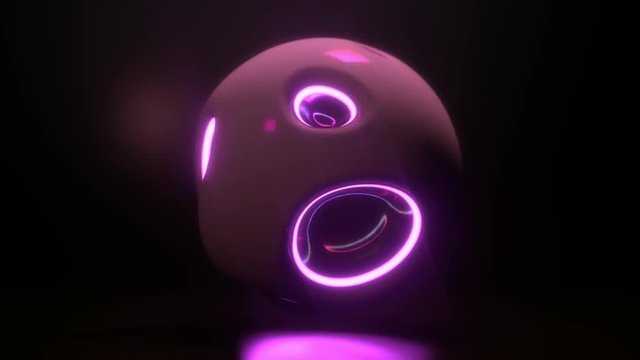 Glowing neon light sphere. Abstract background with futuristic ultraviolet wavy ripples. Motion design template. 3d shape with strobing curly pattern. 3d loop animation. Dynamic composition. 4K UHD