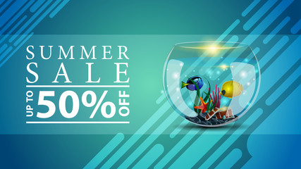 Summer sale, discount web banner for your site in a modern style with round aquarium with fish