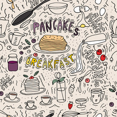 Doodle sketch . Pancakes maker . Morning meal Vector objects