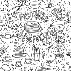 Doodle sketch . Pancakes maker . Morning meal Vector objects