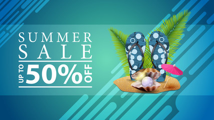 Summer sale, discount web banner for your site in a modern style with flip flops, pearl and palm leaves