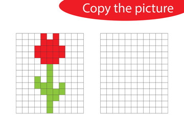 Copy the picture, pixel art, tulip cartoon, drawing skills training, educational paper game for the development of children, kids preschool activity, printable worksheet, vector illustration