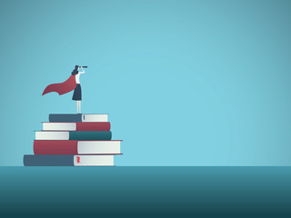 Power of education and knowledge for future vector concept. Girl, woman standing on top of books and her superhero shadow. Symbol of confidence, excellence, talent and skill.