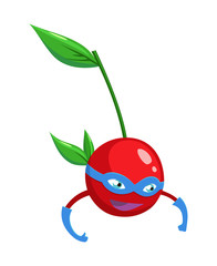 Superhero cartoon cherry berry on a branch with a leaf character mascot in sneakers on a white background.