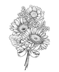 Floral composition. Bouquet with hand drawn flowers and plants.