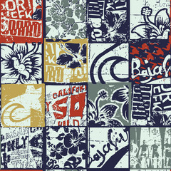 Surfing elements patchwork wallpaper grunge vector seamless pattern 