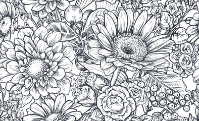 Seamless pattern with hand drawn flowers and plants