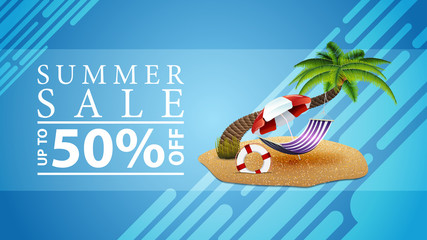 Summer sale, discount web banner for your site in a modern style with palm tree, hammock and beach umbrella