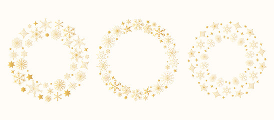 Set of hand drawn golden snowflakes and stars christmas frames. Vector xmas gold wreath for gift cards, winter holiday invitations. 