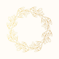Hand drawn golden mistletoe frame. Christmas holiday floral gold wreath for kiss and decoration. Vector isolated xmas design elements.