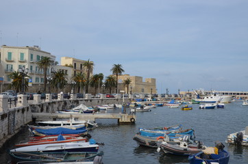 Fototapeta na wymiar Evening view of marina with different Fishing boats