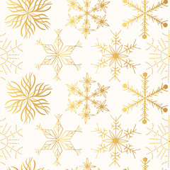 Hand drawn winter golden snowflakes seamless pattern. Vector Christmas gold gift wrapper background. 