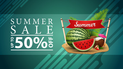 Summer sale, discount web banner for your site in a modern style with watermelon, coconut cocktail in coconut, sign with the inscription "summer"