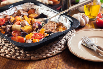 Roasted vegetables on baking metal tray