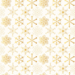 Hand drawn golden festive snowflakes seamless pattern. Christmas decoration with glitter elements. Vector holiday foil gift wrapper. Fancy background. 