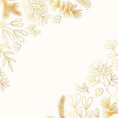 Hand drawn fir with cone, mistletoe and holly frame. Christmas holiday coniferous background with pine, cedar branches for invitation card. Vector isolated xmas design floral elements.