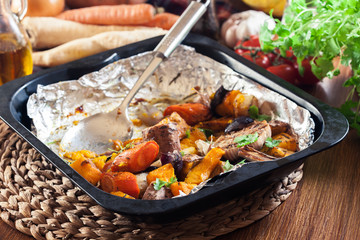 Roasted vegetables on baking metal tray