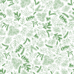 Fototapeta premium Hand drawn fir with cone, mistletoe and holly seamless pattern. Christmas holiday coniferous background with pine, cedar branches for decoration. Vector isolated xmas design floral elements.