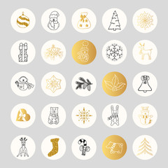 Big set of Christmas glitter stickers with snowman, deer, bear, toys, gifts, fir branches. Hand drawn mistletoe and holly, golden stars and snowflakes, xmas elements.