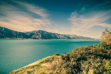 view of the lake and mountains