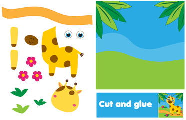 Cut and paste children educational game. Paper cutting activity. Make african scene with giraffe with glue and scissors. DIY worksheet.