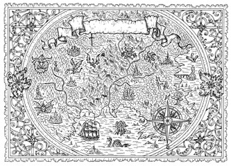 Black and white map of fantasy land with nautical compass, pirates, vignette banner.