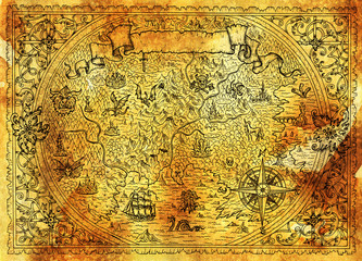 Golden map of fantasy world with dragon, pirate ship, mermaid, elf, goblin on blue.