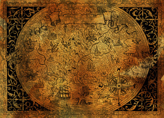 Vintage fantasy world map with pirate ship, compass, dragons on old paper texture.