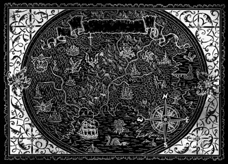 Antique atlas map of fantasy world with victorian frame, nautical compass on black.