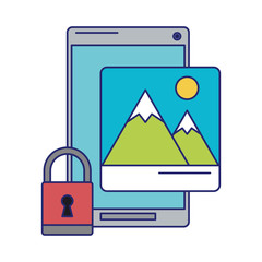cellphone with padlockand mountain picture blue lines