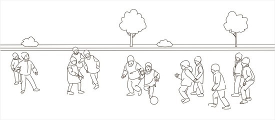 Children play football outdoors. The boys are kicking the ball. Outline.