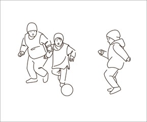 Children are playing football. The boys are kicking the ball. Outline.