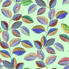 Seamless watercolor leaves. Hand painted leaves of different colors on a white background. Leaves for design.