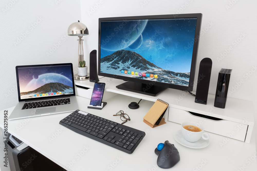 Poster computer and devices on modern white desk interior 3d rendering