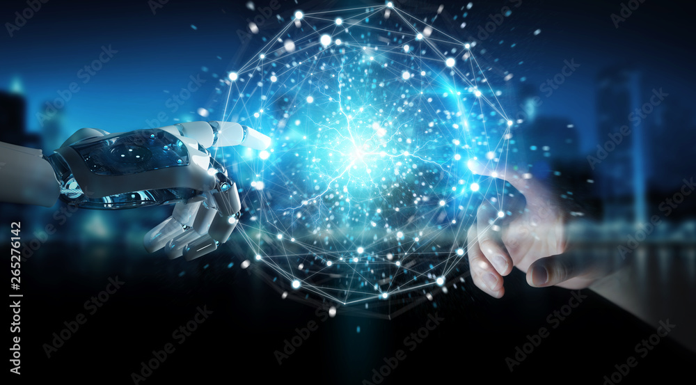 Leinwandbilder robot hand and human hand touching digital sphere network on dark background 3d rendering