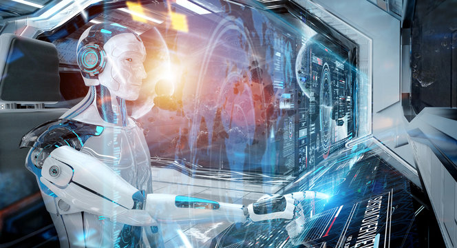 Robot cyborg in a control room flying a white modern spaceship with window view on space and digital graph 3D rendering