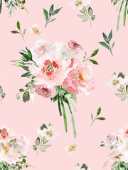 Seamless summer pattern with watercolor flowers handmade.