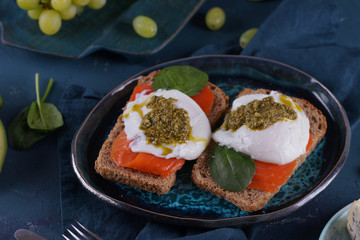 Poached Egg Sandwich, Salmon and Pesto Sauce