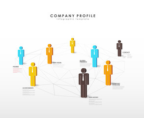 Infographic template with company team standing on low polygonal web.