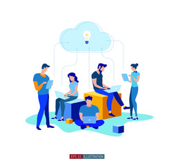 Trendy flat illustration. Cooperation of people who implement the joint idea. Illustration of the idea birth process. Template for your design works. Vector graphics.