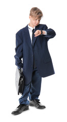 Portrait of little businessman on white background