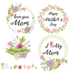 Set of cute greeting design elements for Mother's Day floral wreath flowers hearts banners ribbon lettering. Vector illustration.