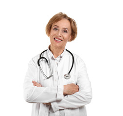 Fototapeta premium Beautiful female doctor on white background