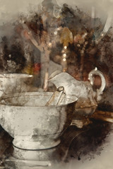 Watercolor painting of 18th Century cups and saucers crockery on inlaid wooden serving tray