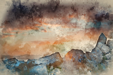 Watercolor painting of View along coast into beautiful setting sun