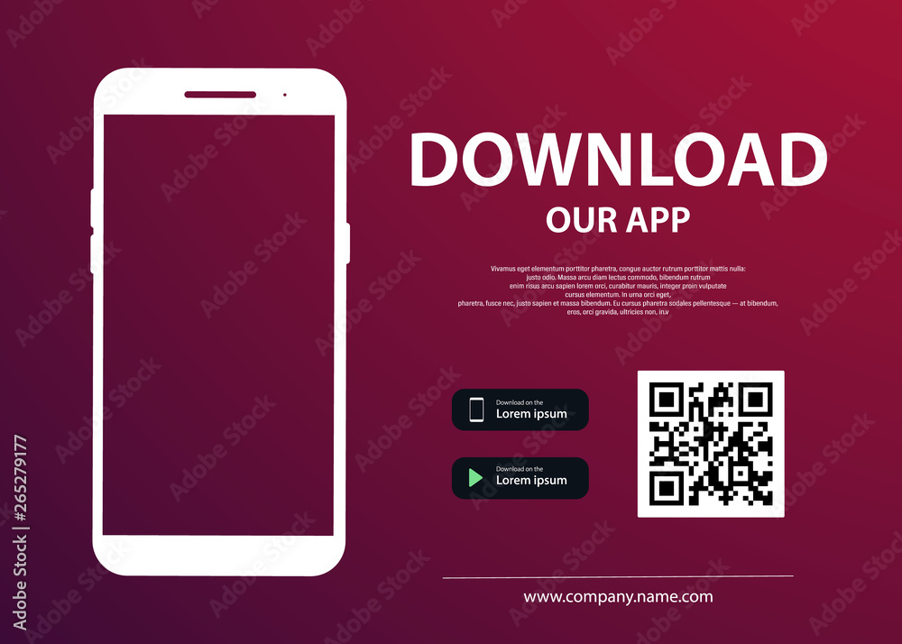 Poster download page of the mobile app. empty screen smartphone for you app. download buttons. vector illus